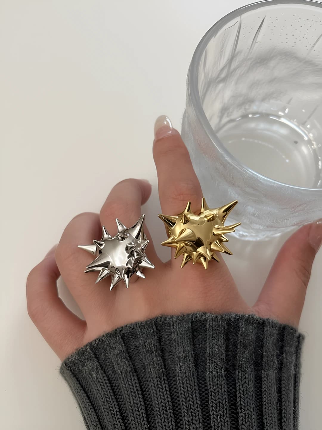 Women's geometric shape ring, cold style, electroplated, with spikes, y2k style, individual style, niche brand, high-end, metal, for index finger
