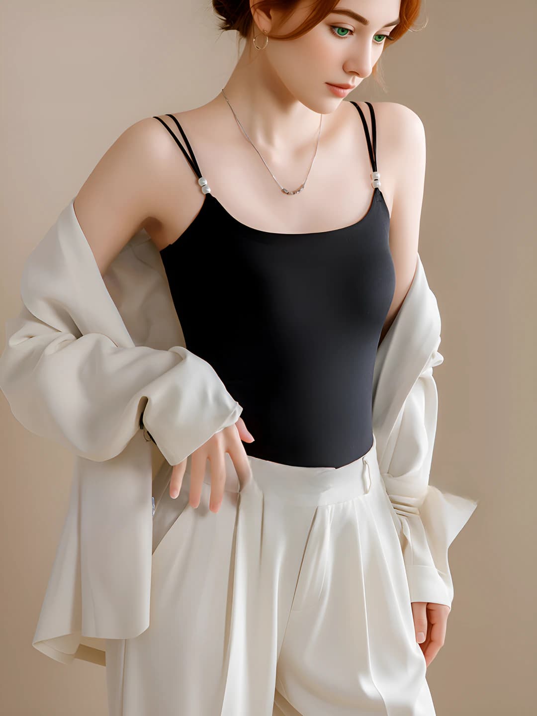Women's camisole tank top with built-in bra: low neckline, slim fit, slimming, solid colour, all-season, 70-80% nylon, integrated underwear and bra