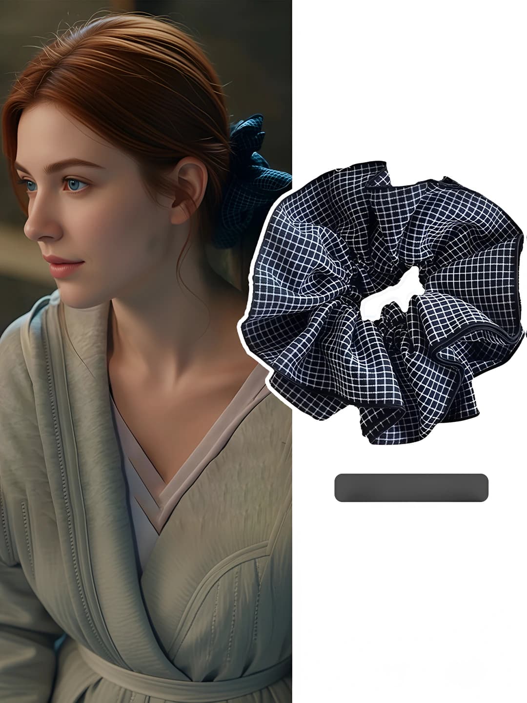 Blue striped black plaid 4-layer satin hair tie - 16 cm