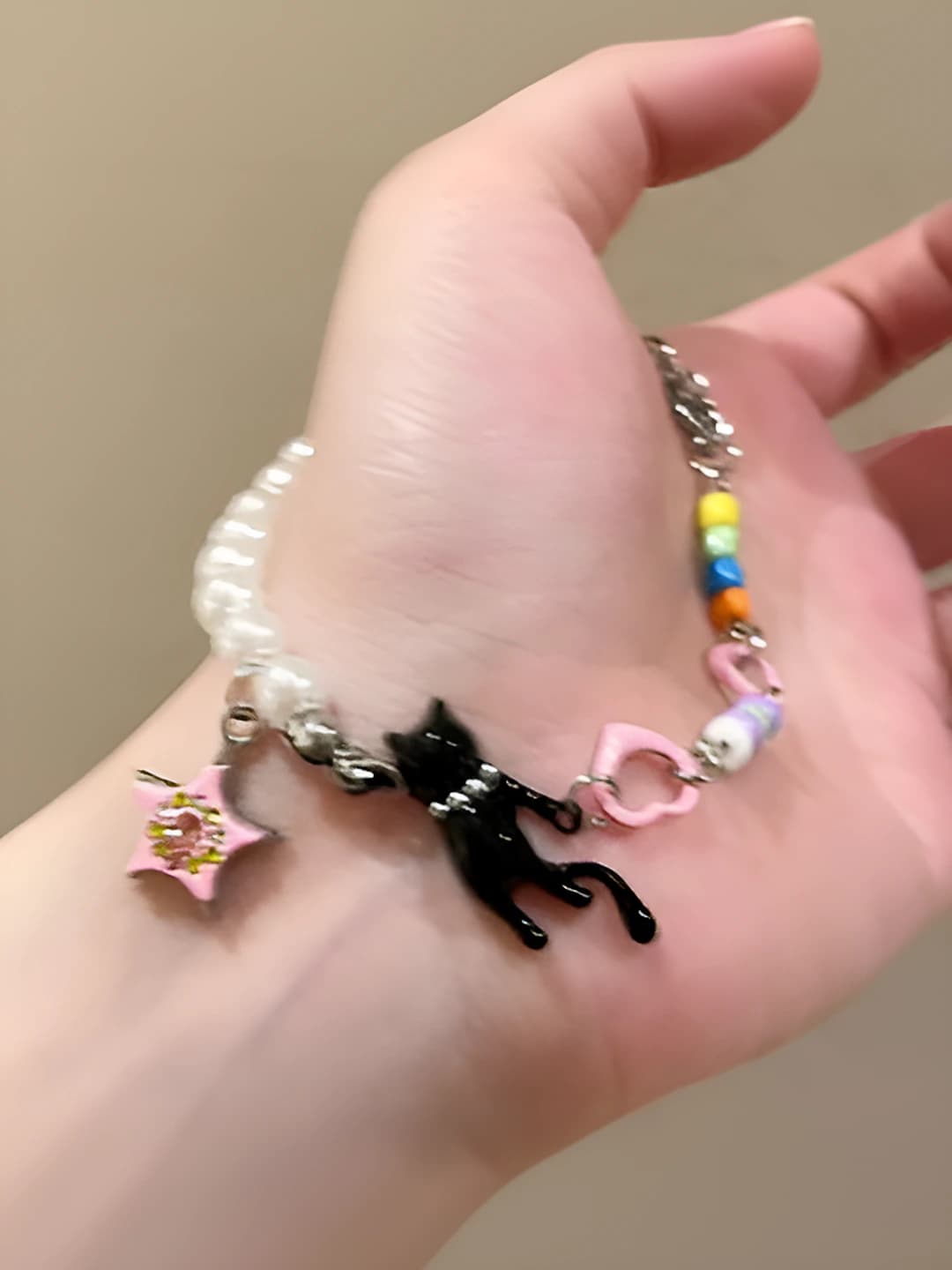 Pearl multicolour beads kitten bracelet