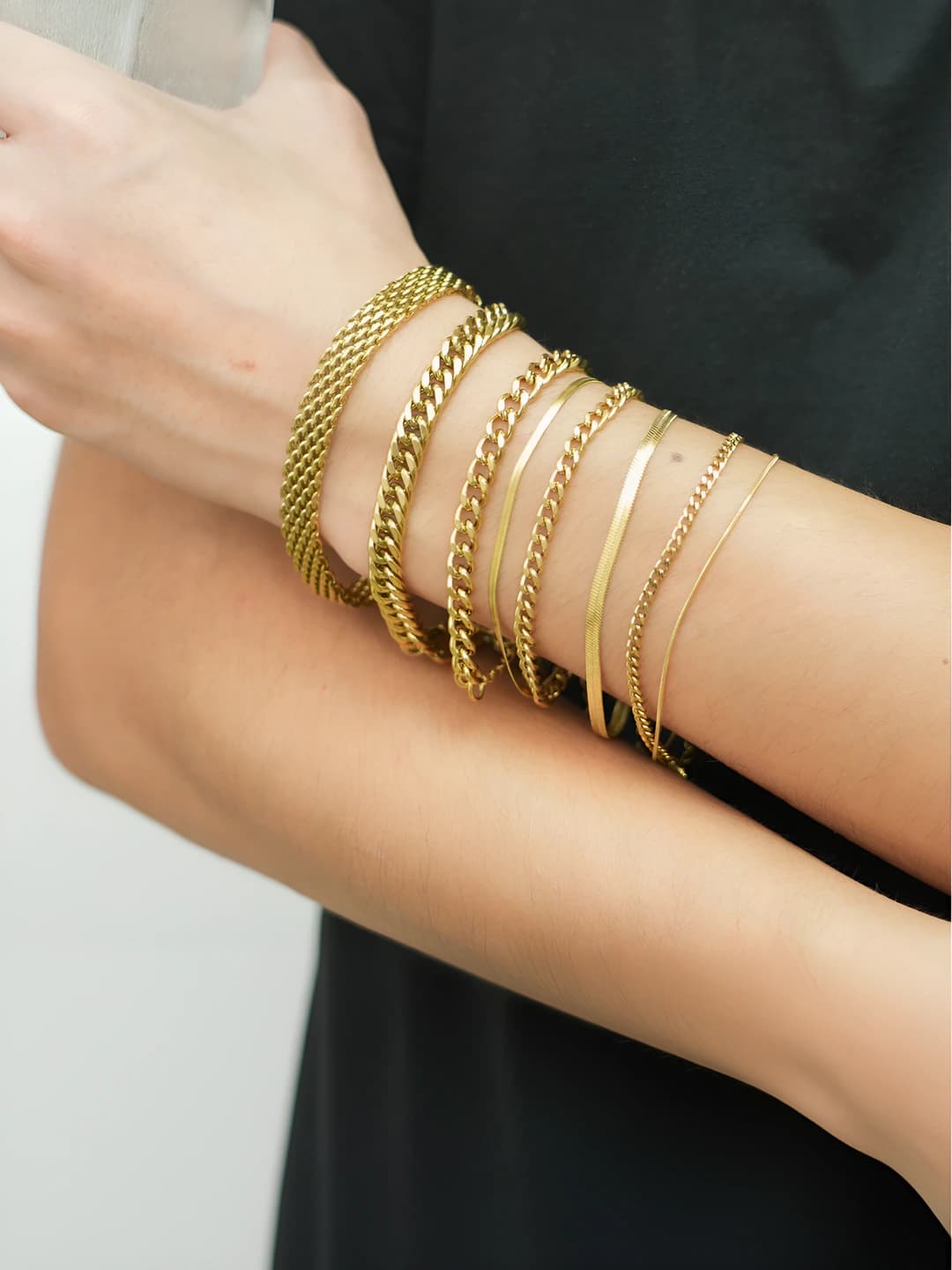 18K gold plated stainless steel bracelet for men and women, double layer Cuban link and flat snake chain