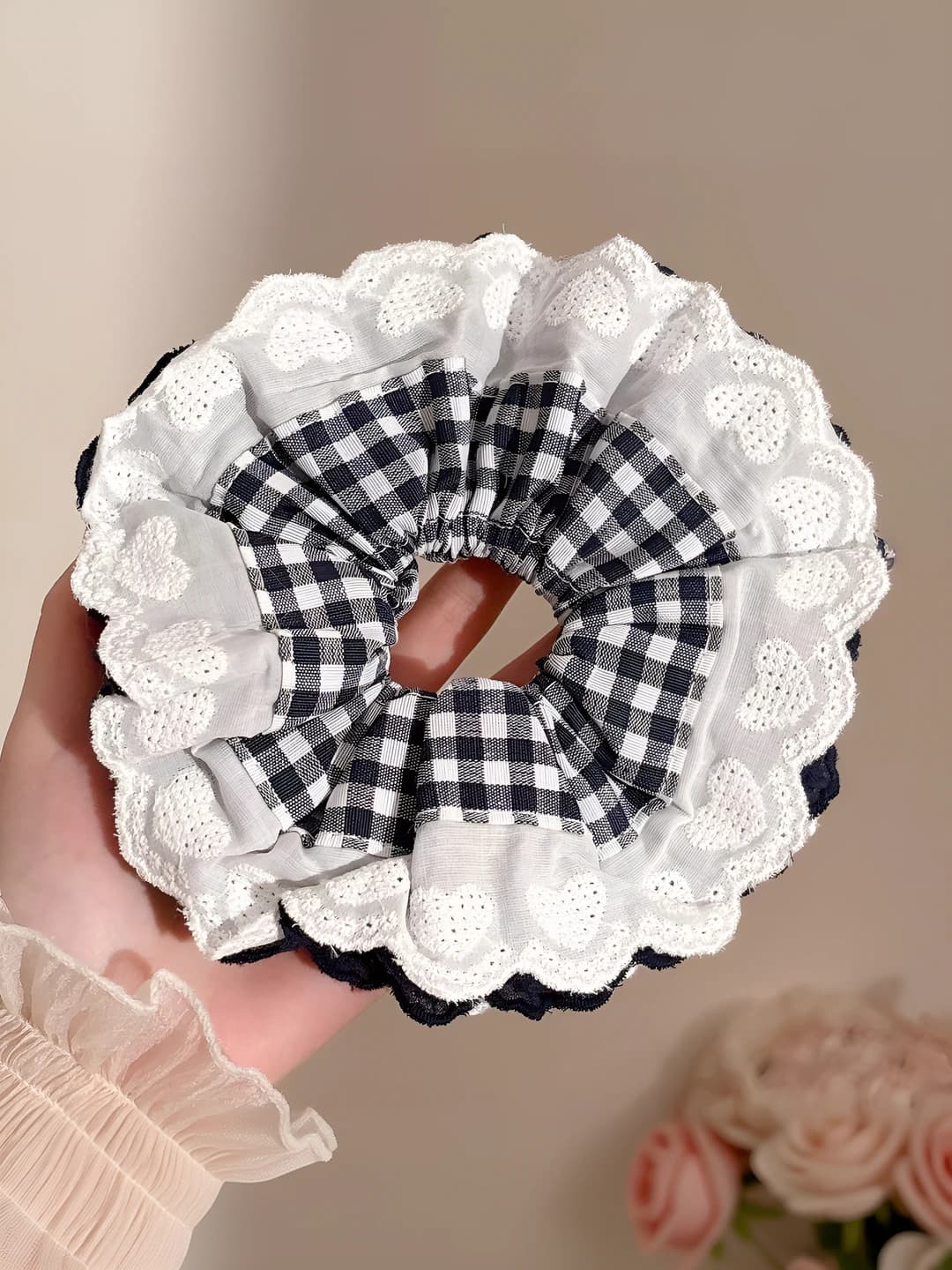 1# Navy small check, heart, lace, 16 cm