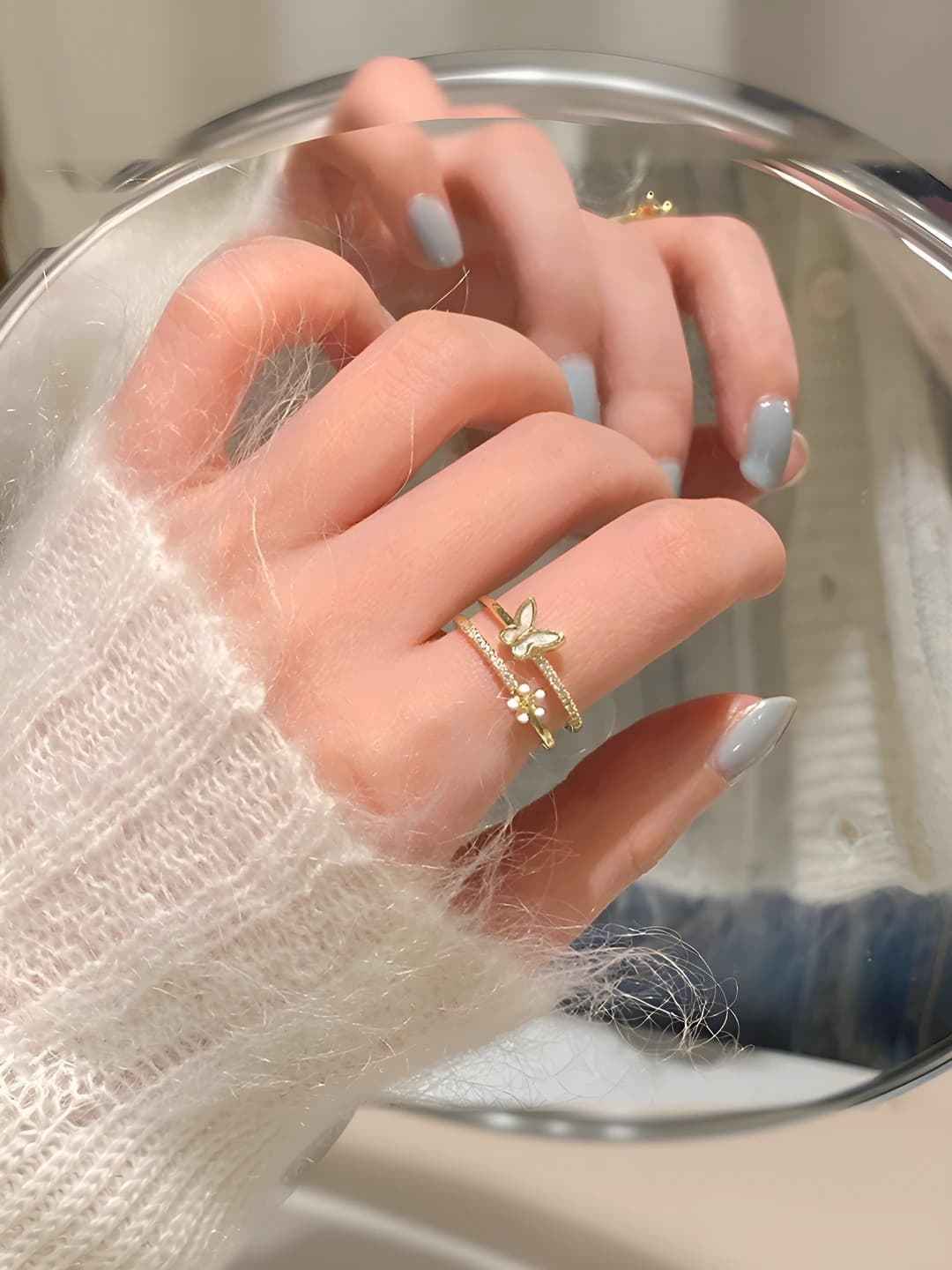 Women's two-layer ring with rhinestones, geometric shape, adjustable index finger ring, ins style design element