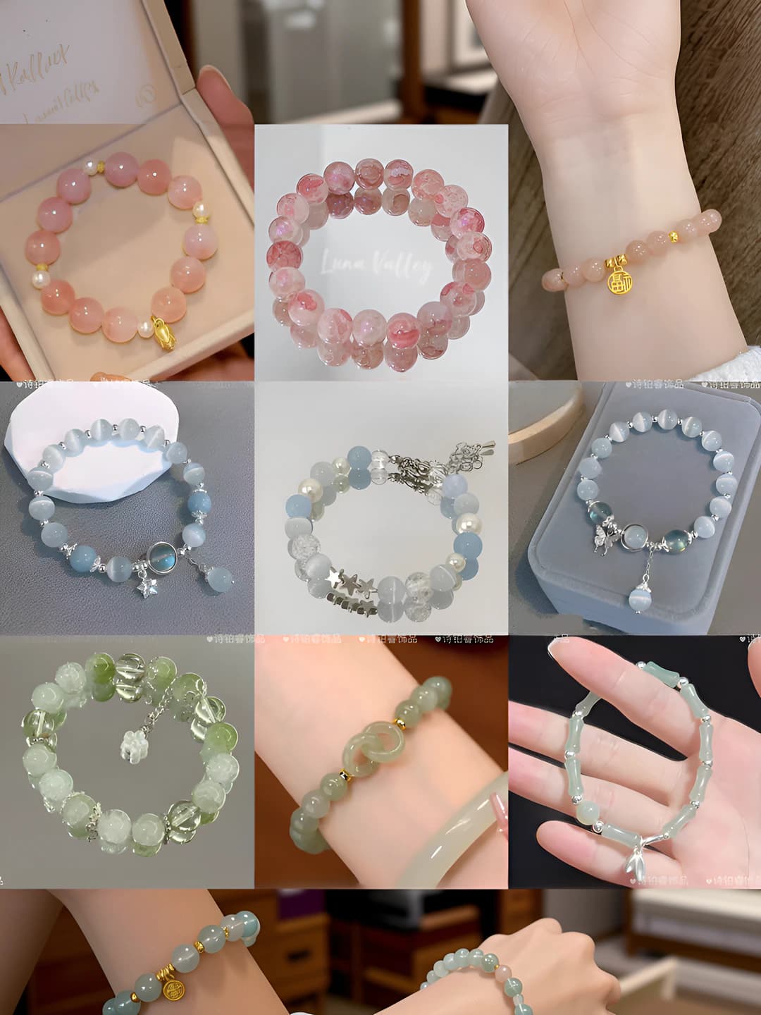 Set of 9 glass bracelets for women, floral design, summer, nature style