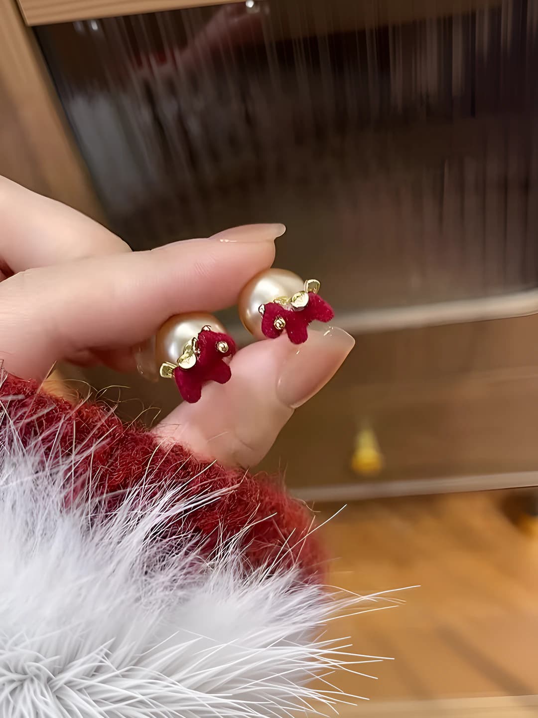 Red velvet pony stud earrings, 2 ways