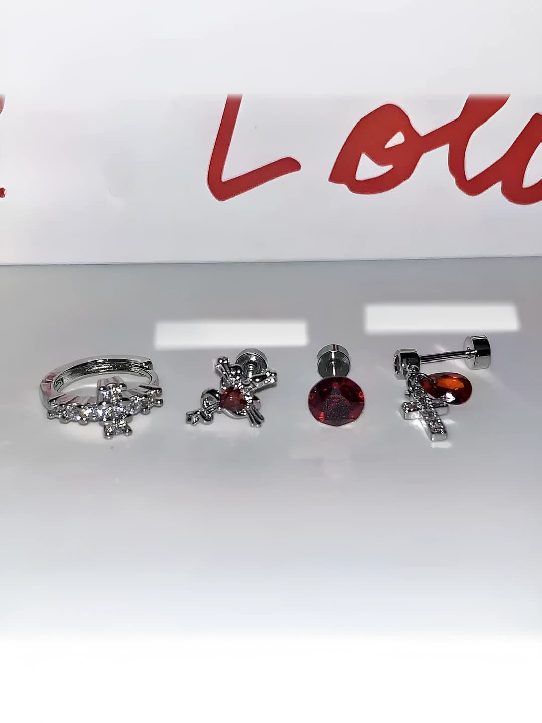 Ear stud - single - Red heart drop cross