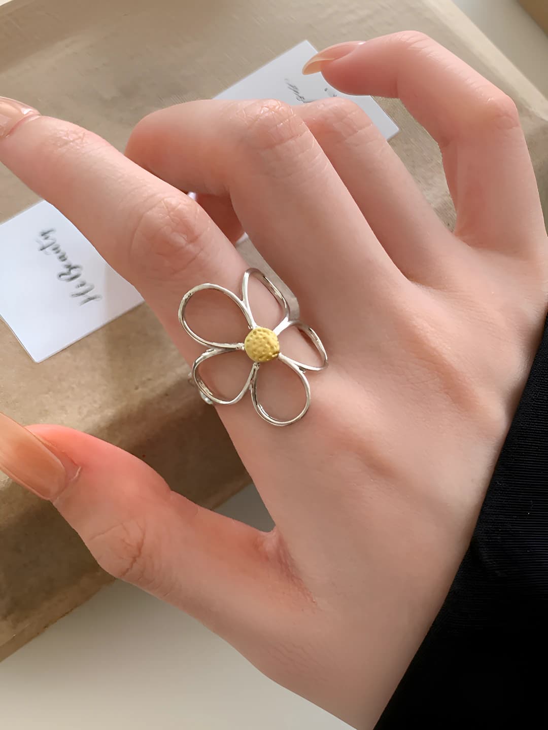 Women's open flower ring, copper, vintage style design element