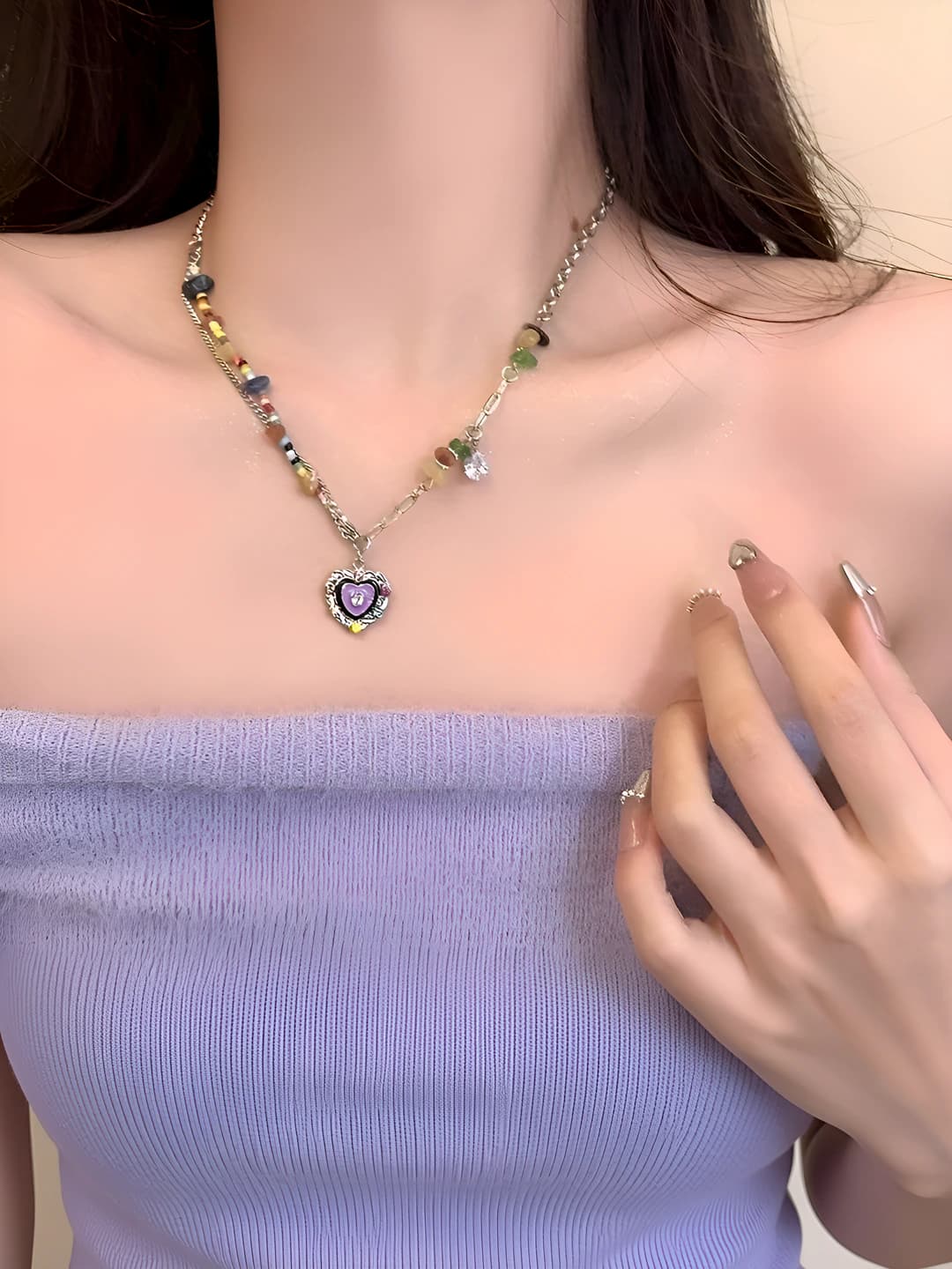 Women's summer short chain with colorful stones, flowers and heart-shaped pendant