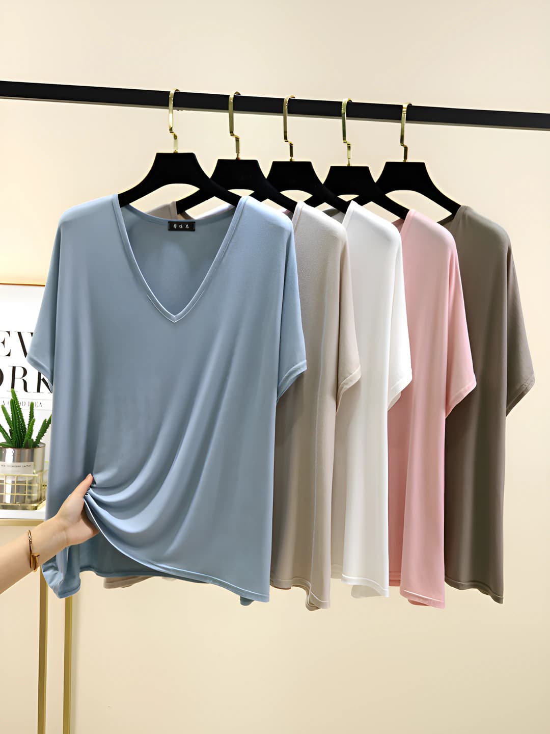 Women's modal t-shirt, v-neck, short sleeve, loose fit, plus size, thin, summer, casual, slimming