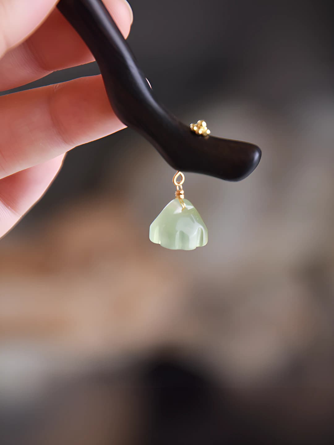 Women's hairpin with natural Xiu jade and black wood lotus flower, original design