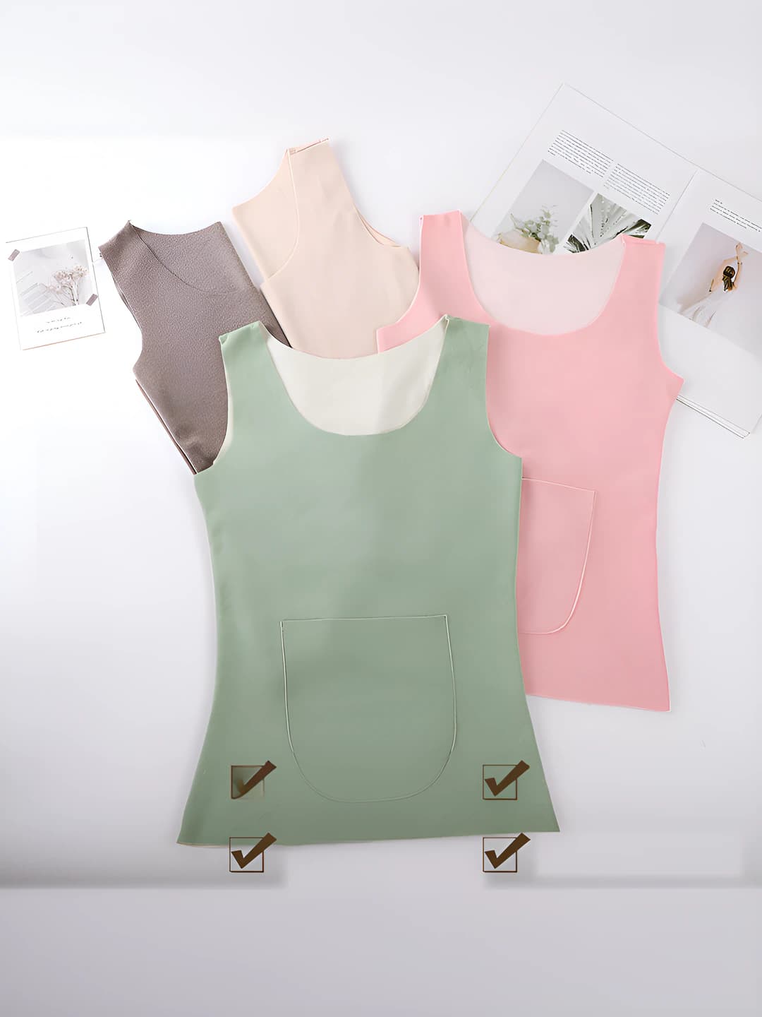 Women's autumn-winter thermal underwear top, warm, slim fit, U-neck, solid colour, with pockets