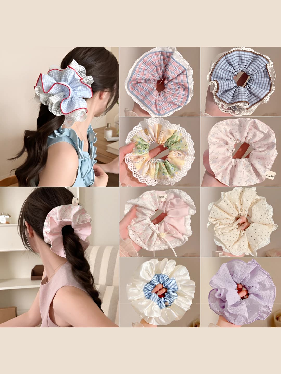 Women's Korean style large fabric scrunchie hair tie, handmade, with ruffles and plaid pattern, elegant