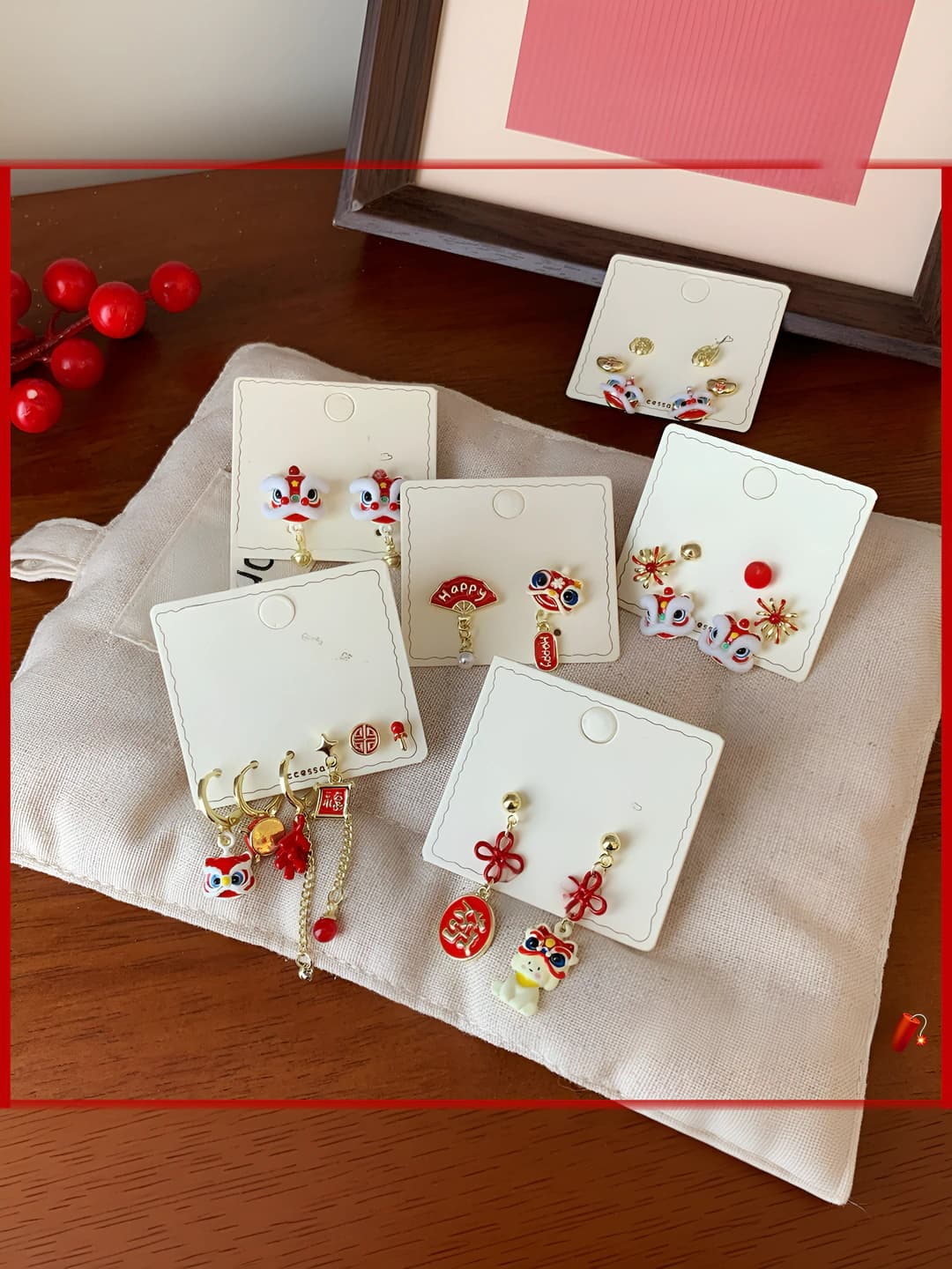 Women's Chinese style New Year bell and lion earrings set with 925 silver posts