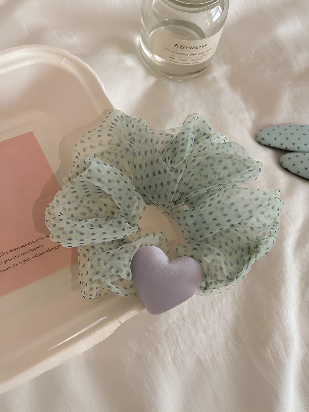 Green polka dot heart hair tie