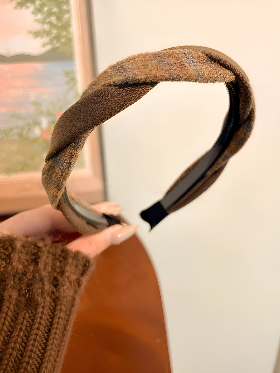 2# Coffee twill plaid hairband khaki