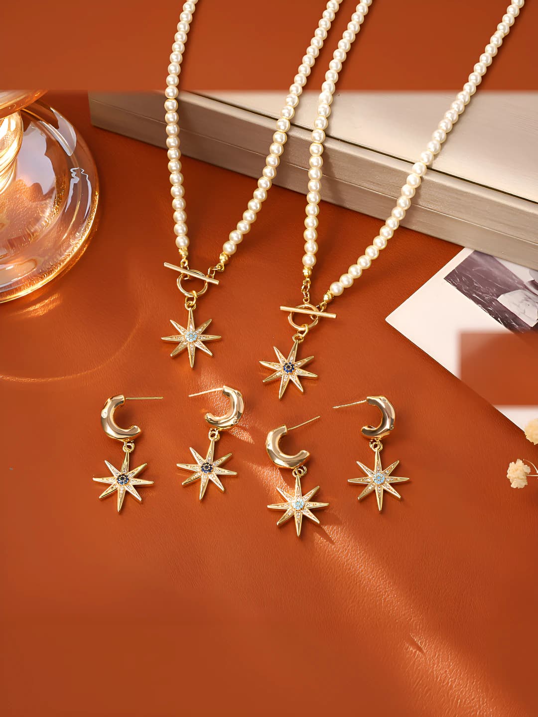 Women's pearl beaded necklace with star pendant: copper, gold plated, turquoise, zircon, retro style