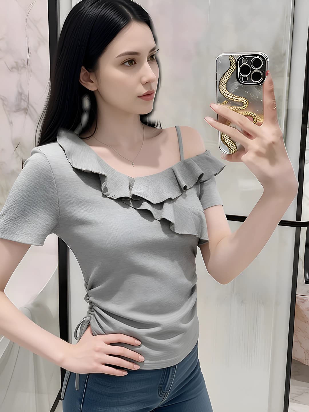 Women's summer short sleeve t-shirt, slim fit, solid colour, with ruffles and off-shoulder design