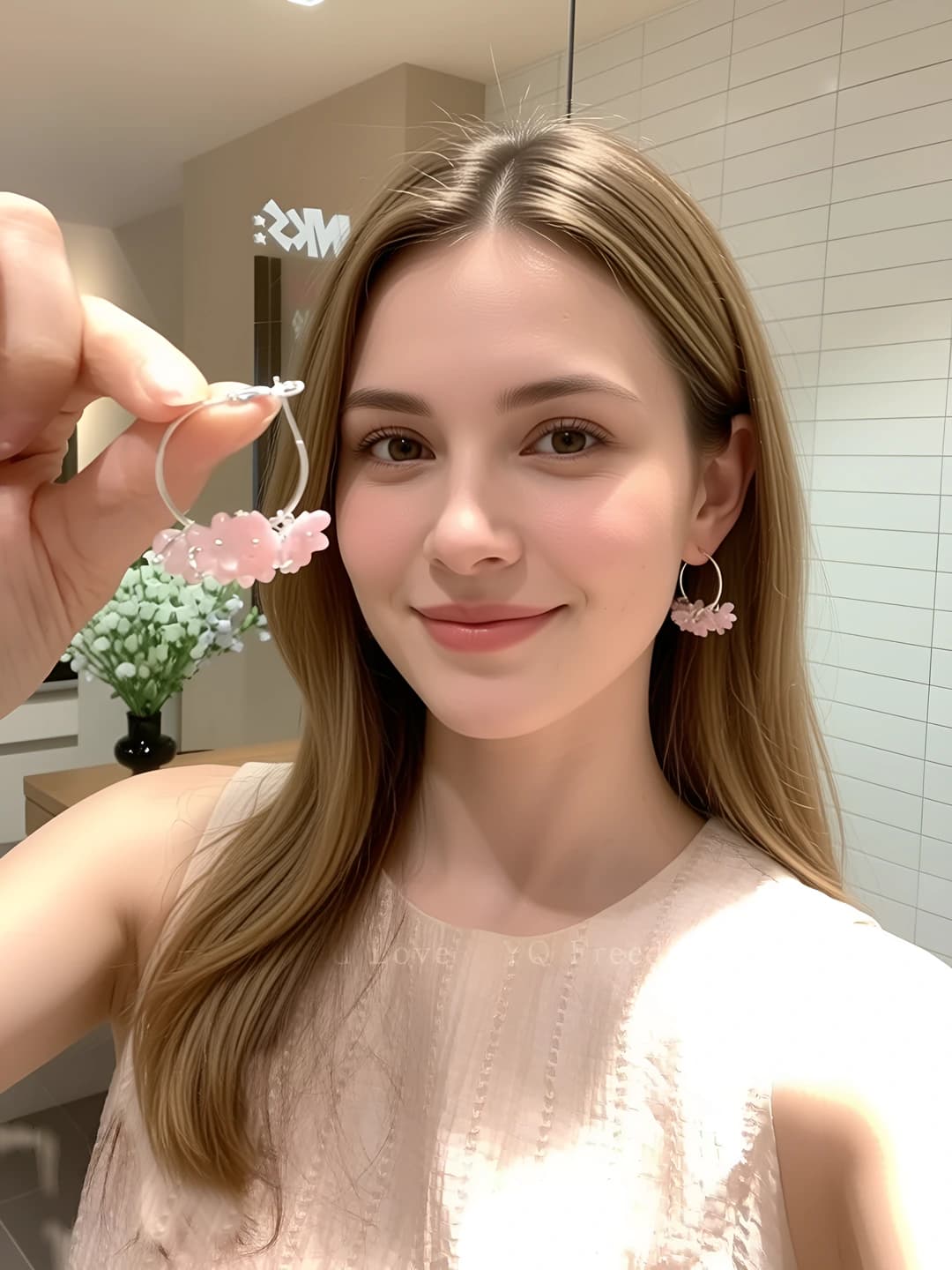 Pink flower beaded earrings
