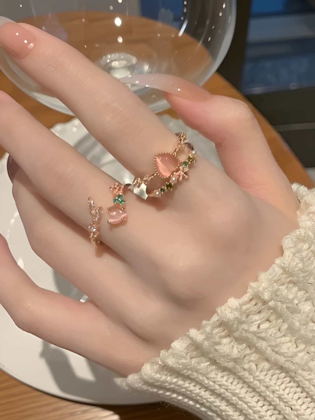 Women's pink heart-shaped cat's eye stone double-layer open ring with zircon, Japanese-Korean style
