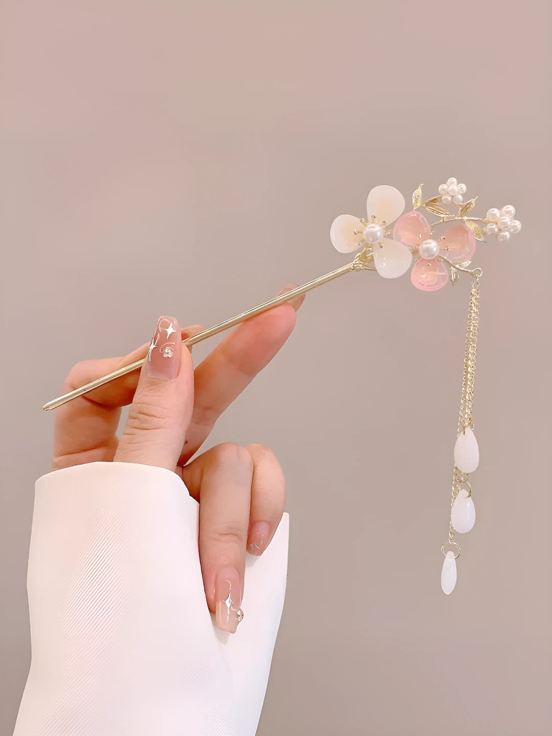 69# White-pink double flower pearl tassel hairpin - gold (bagged)