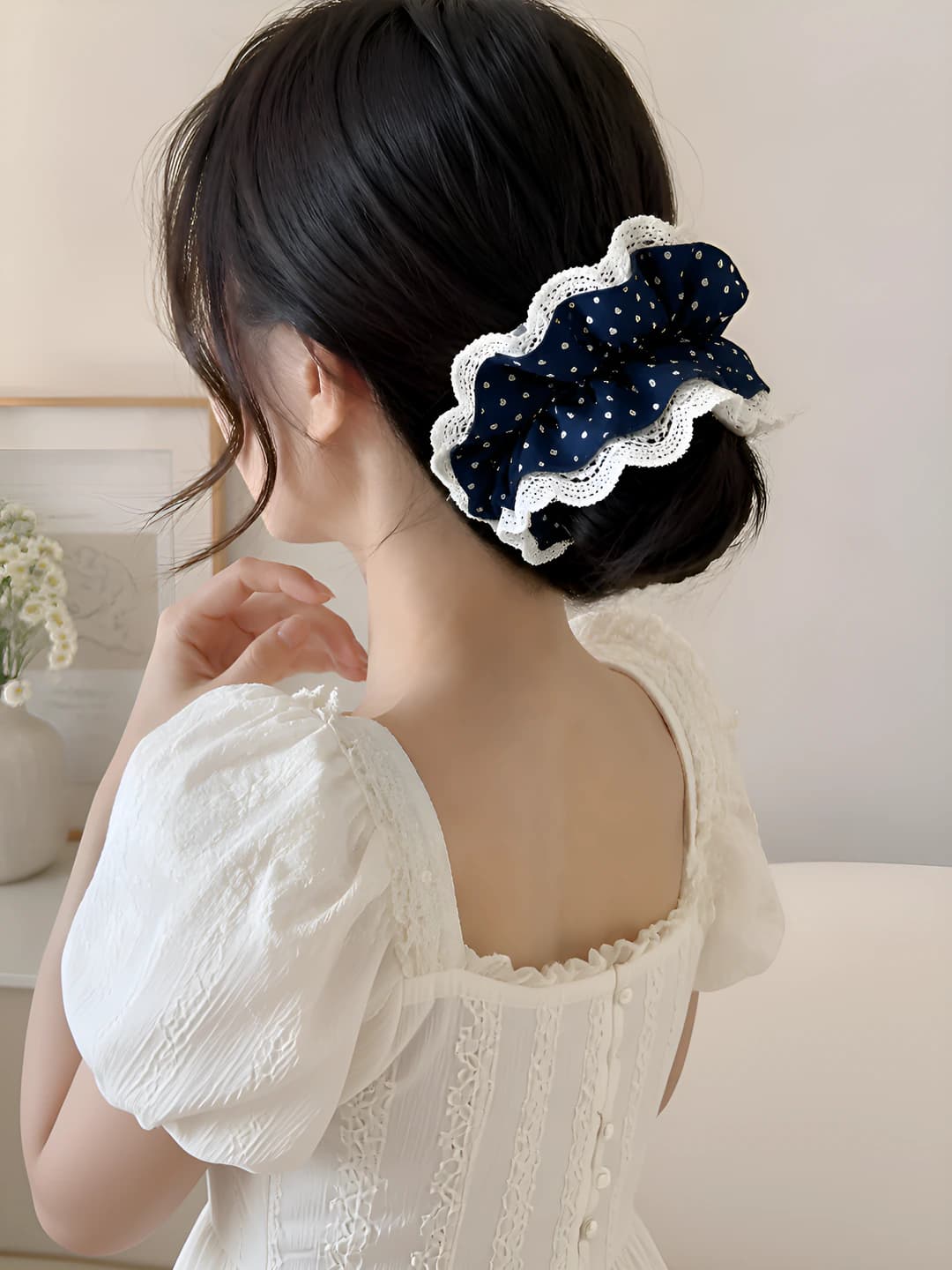Women's lace embroidered hair tie with heart and polka dot pattern, large size
