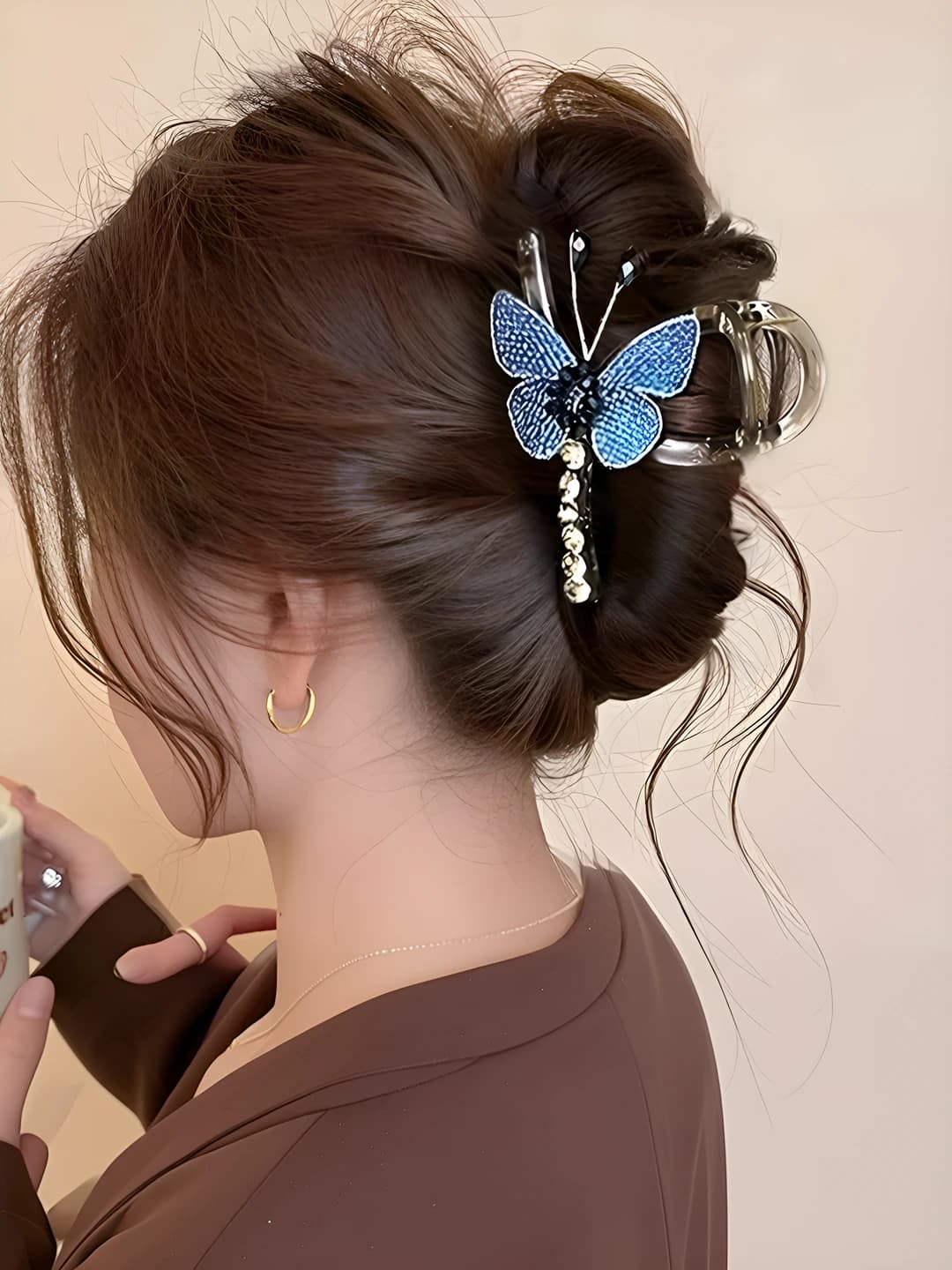 1# Claw clip - embroidered butterfly blue double-sided - 8cm
