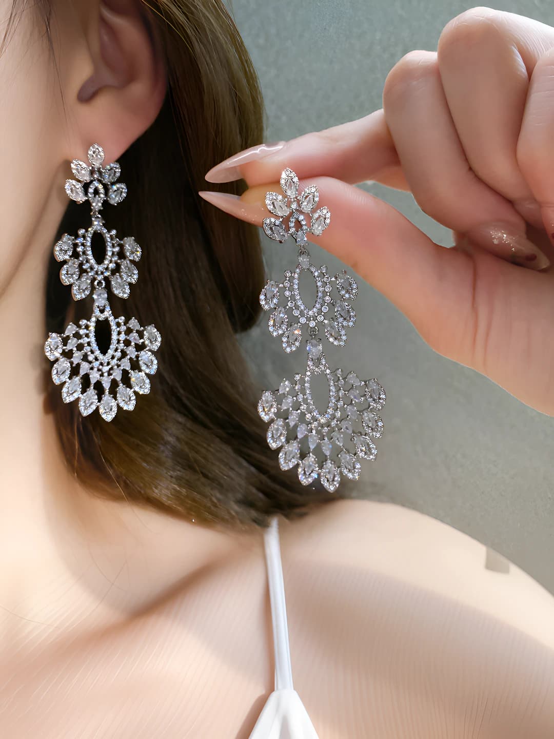 Women's dangle earrings, geometric shape, zirconia set, 925 silver post, light luxury style