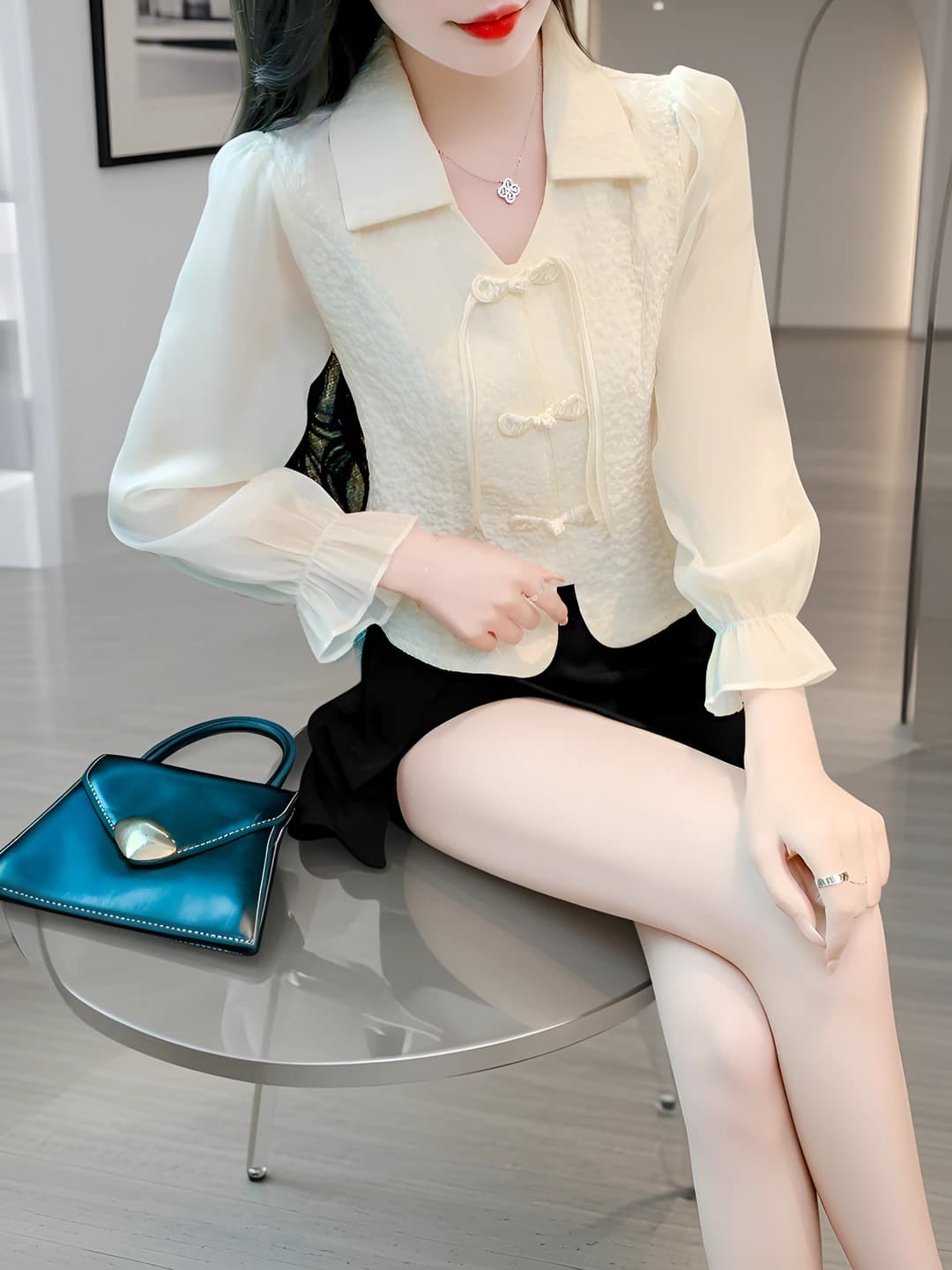 Women's spring-autumn chiffon blouse with polo collar, Chinese frog buttons, long sleeve, cropped, slim fit
