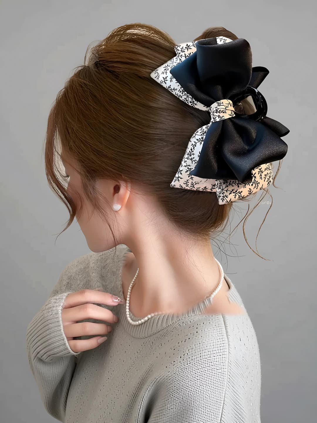 2# Oq-qora mayda gulli bow ~13cm
