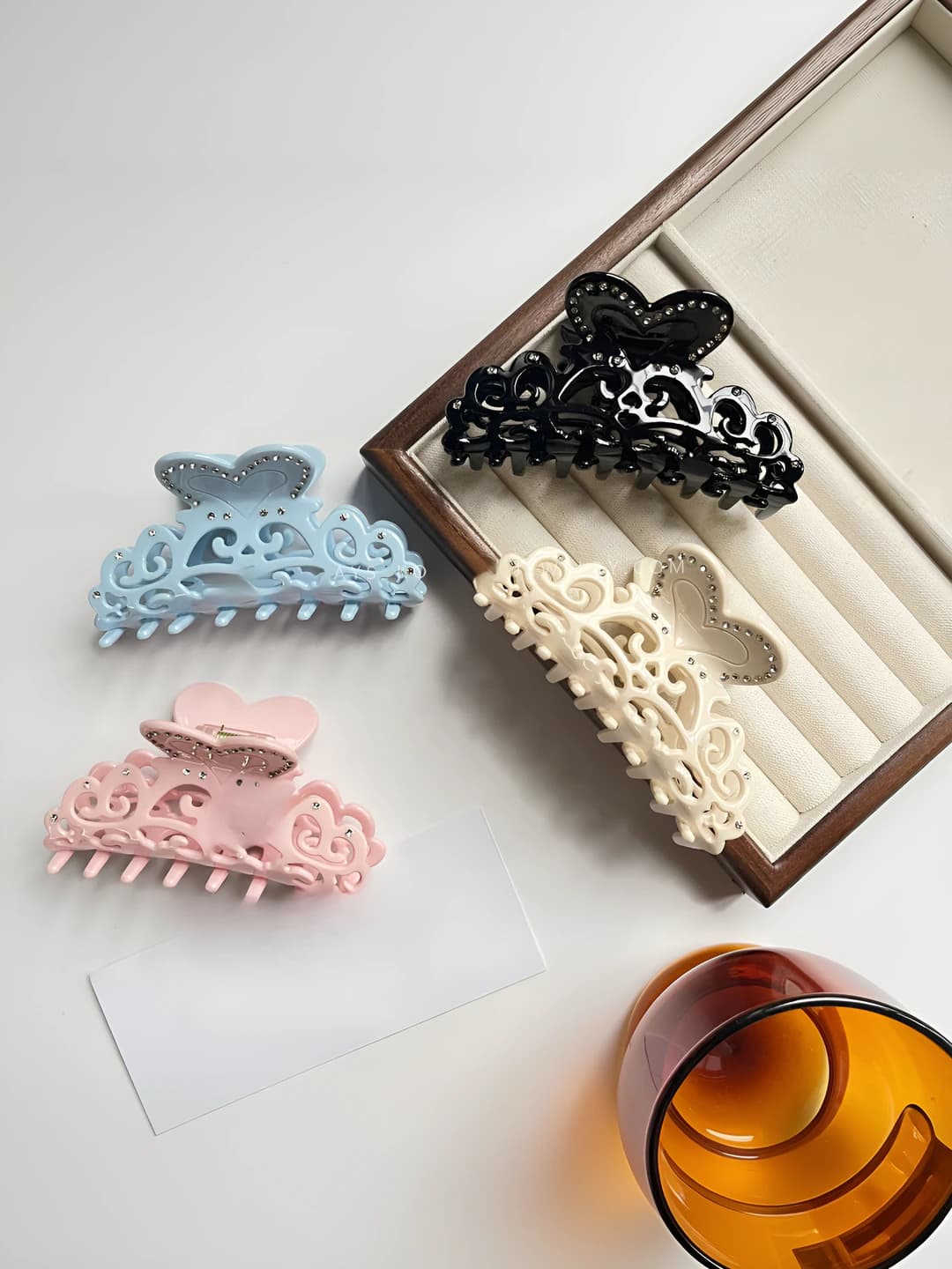 Women's hair clips and combs: Korean style, with rhinestones and acetate, cut-out heart shape, geometric design element, handmade, large size
