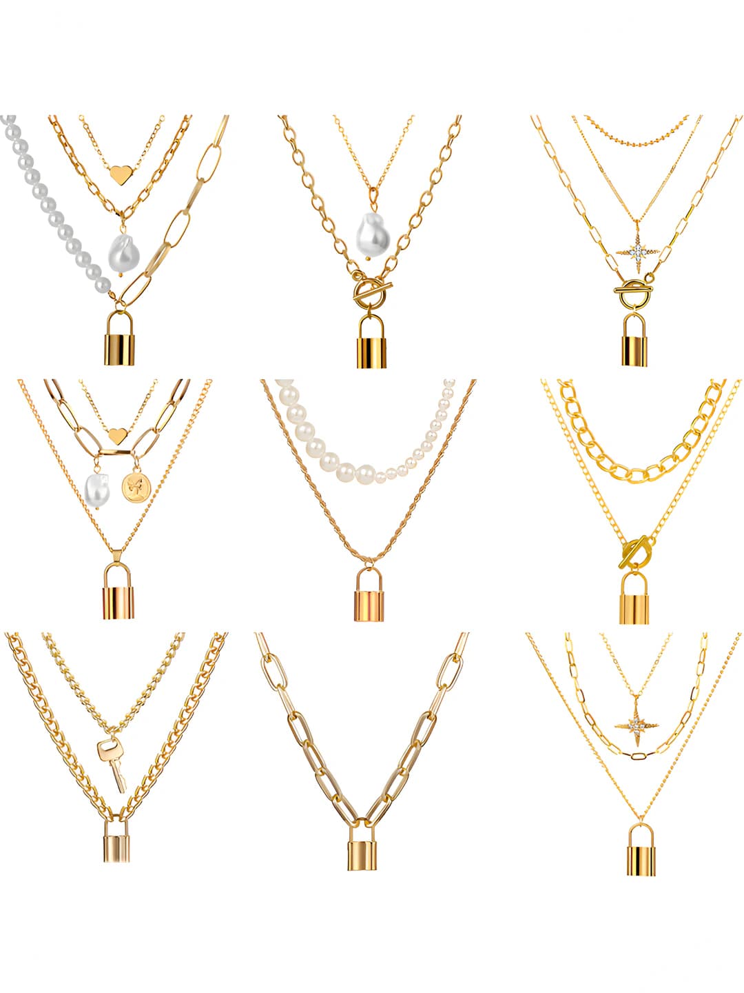 Women's retro multi-layer chain necklace with eight-pointed star and lock pendant, thick chain