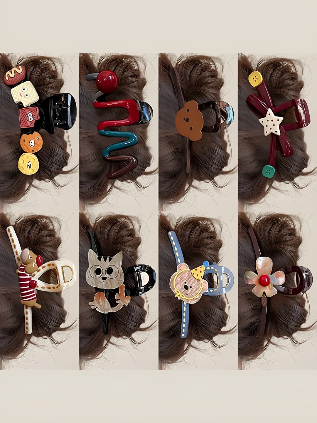 Women's hair clips and combs: large claw hair clip, mixed material, sweet style, design elements: bow, flowers, animals, butterflies, stars, geometry, cross, bear, heart, straight line
