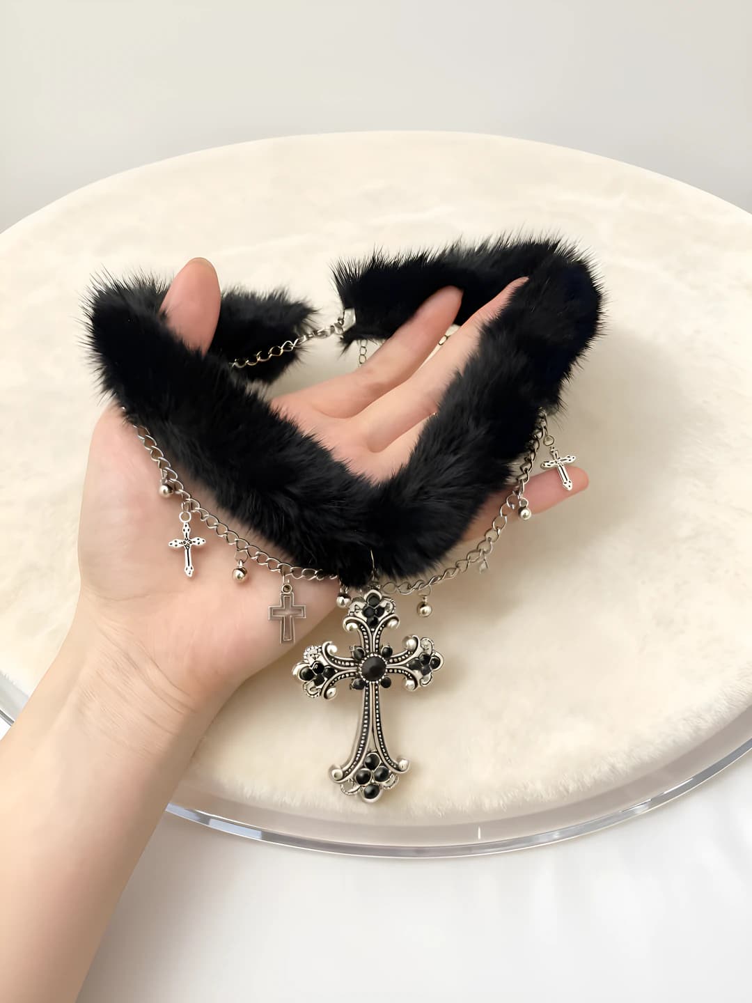 11# Black fur layered cross necklace D1979
