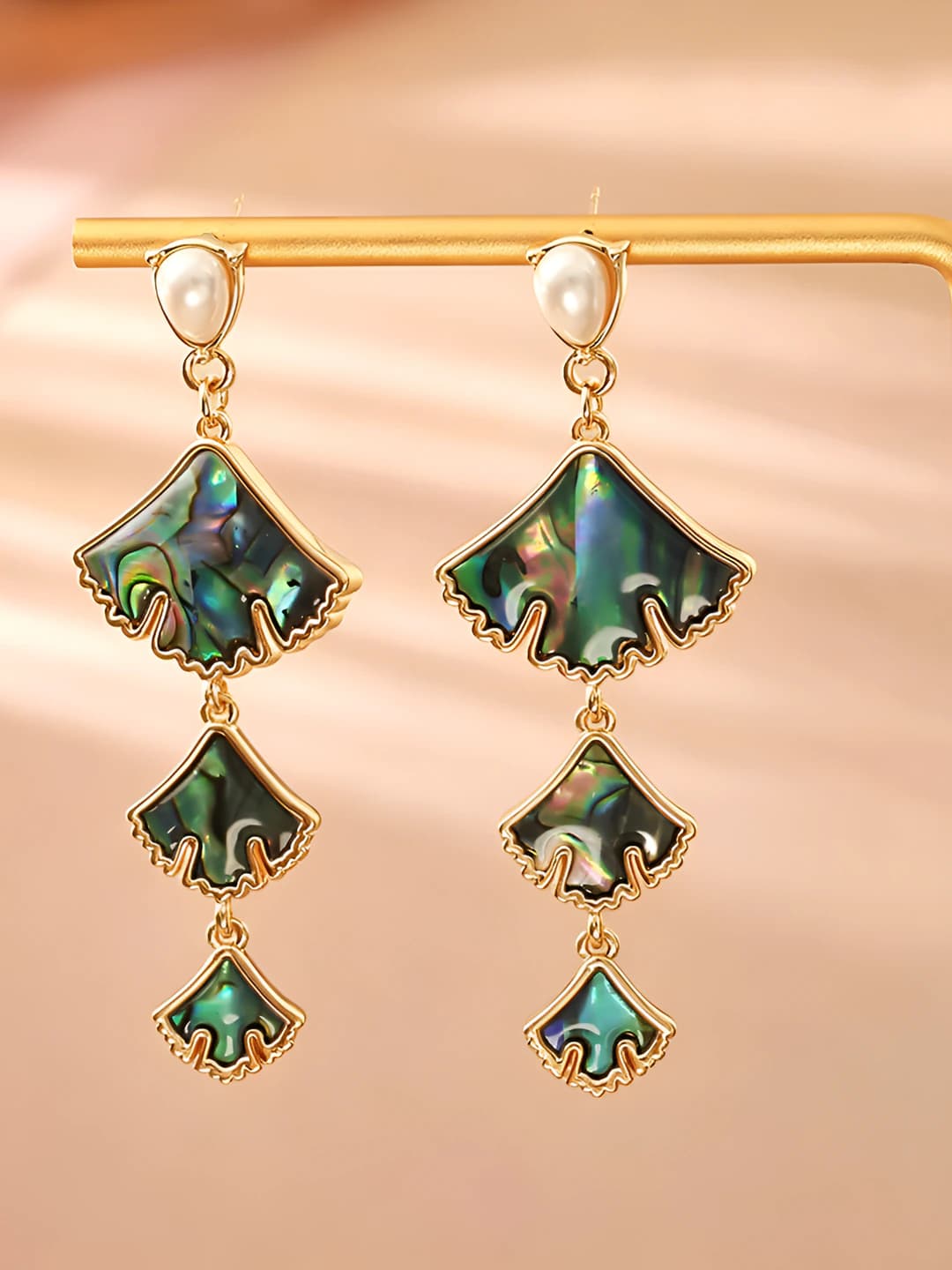 Women's long abalone shell earrings with real gold plating, 925 silver post, geometric shape, lady style design element