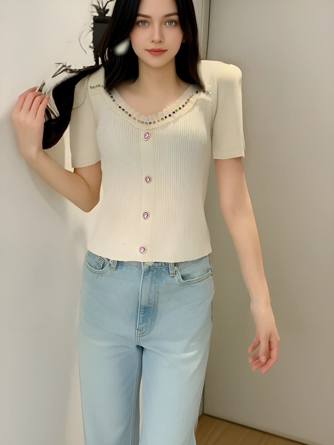 Women's summer knit top, French style, square neckline, colored rhinestones and beads, slim fit, slimming, short sleeve, straight cut