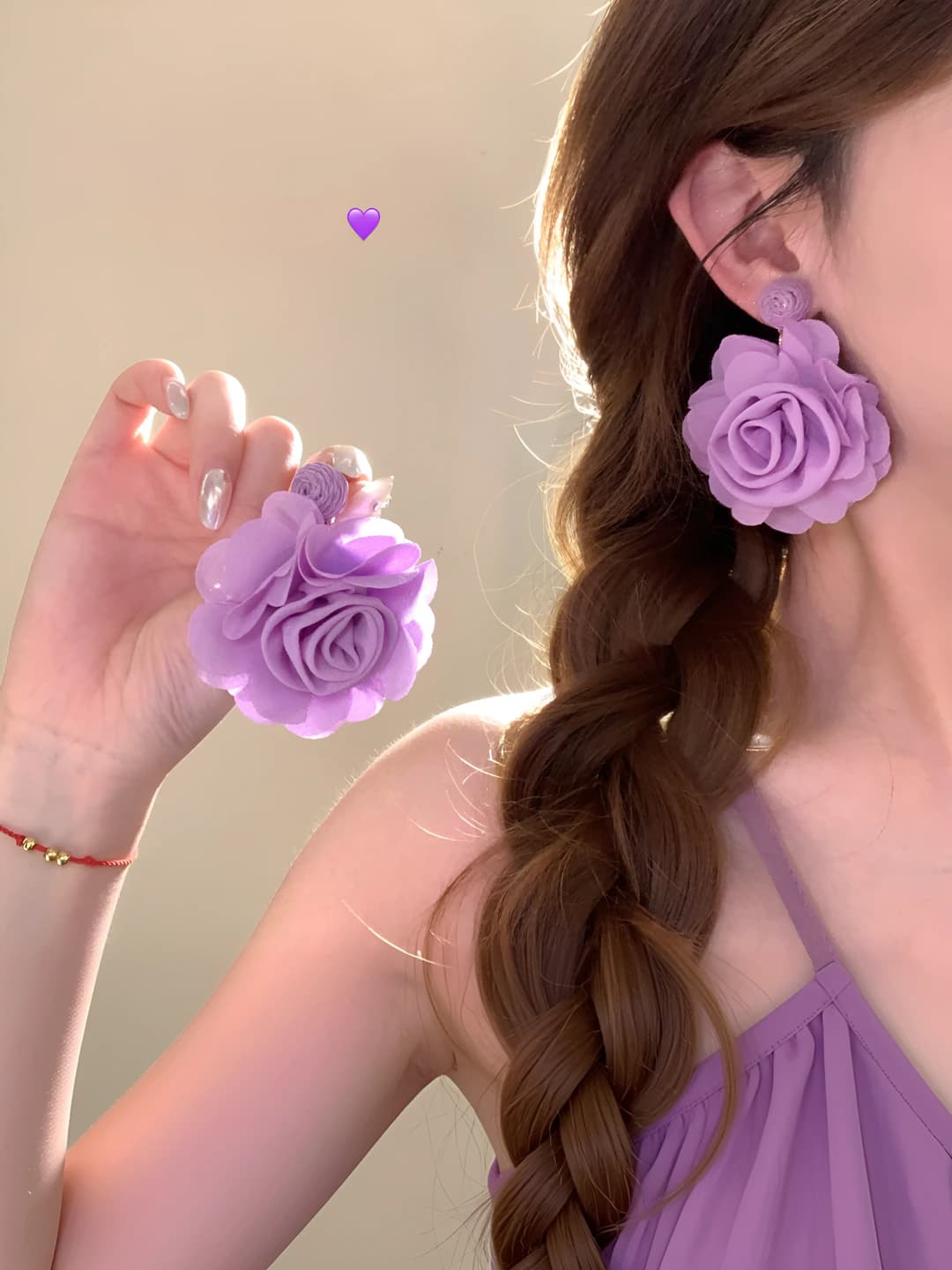 Purple fabric rose earrings-approx 6.3cm