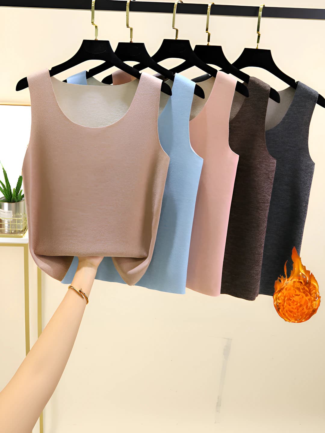 Women's thermal underwear top, sleeveless, crew neck, fleece-lined, thickened, seamless, solid colour