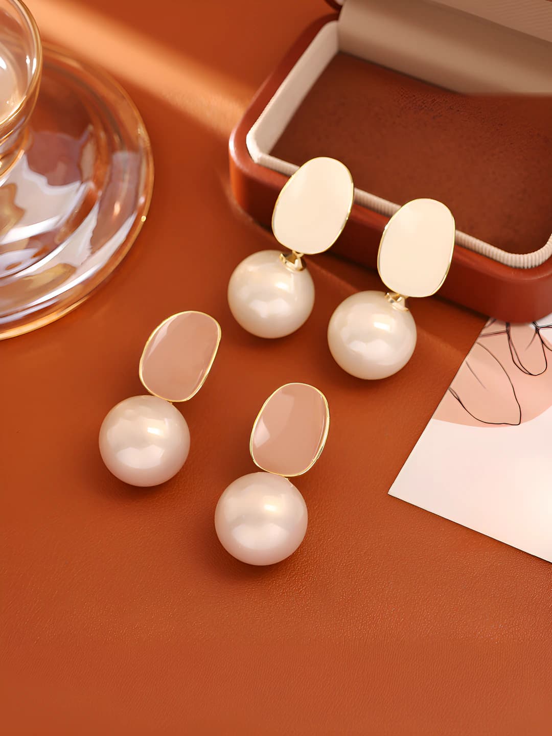 Women's retro pearl stud earrings, geometric shape, 925 silver post, gold plating, casual and business style