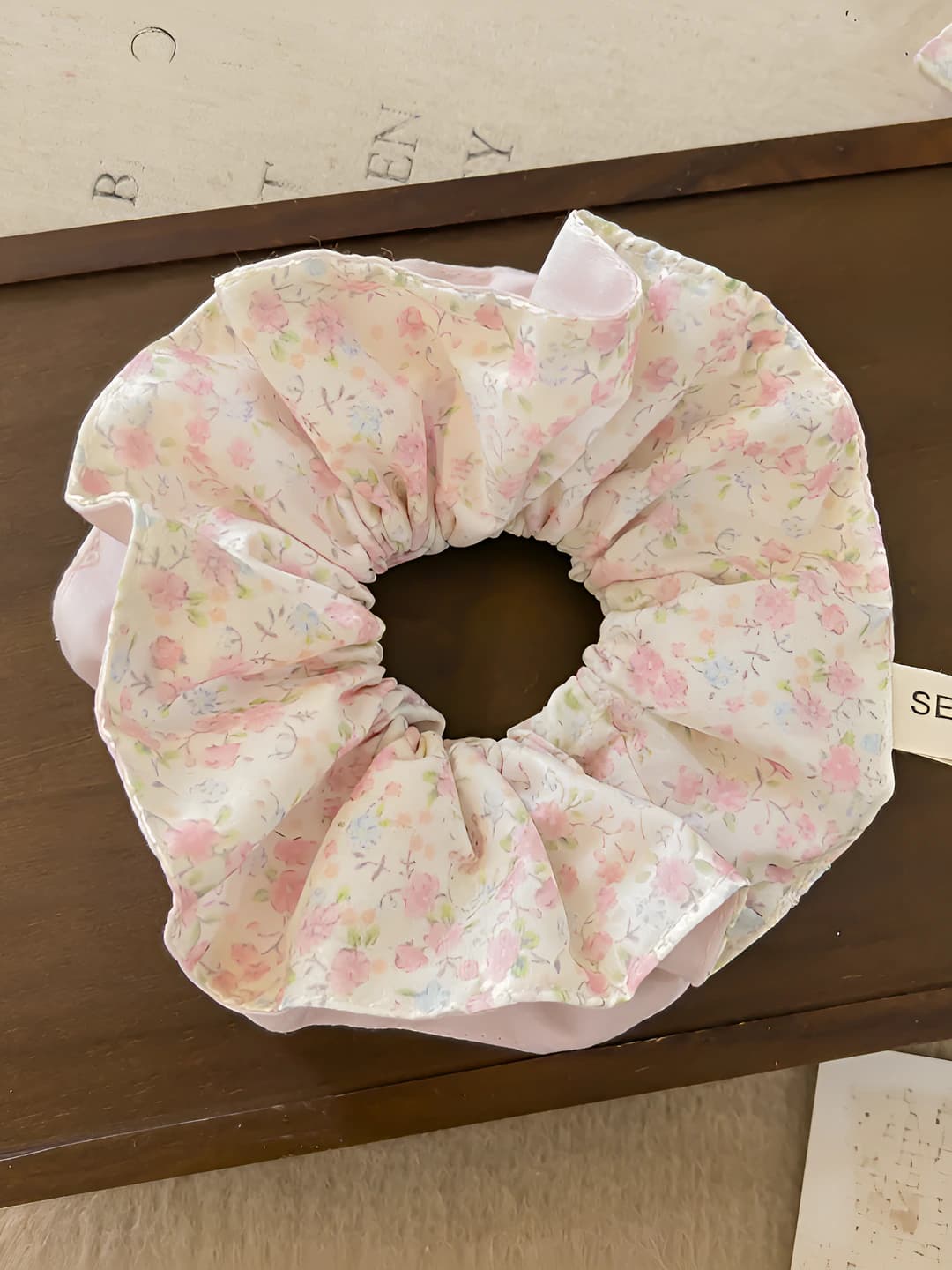Pink floral white double hair tie