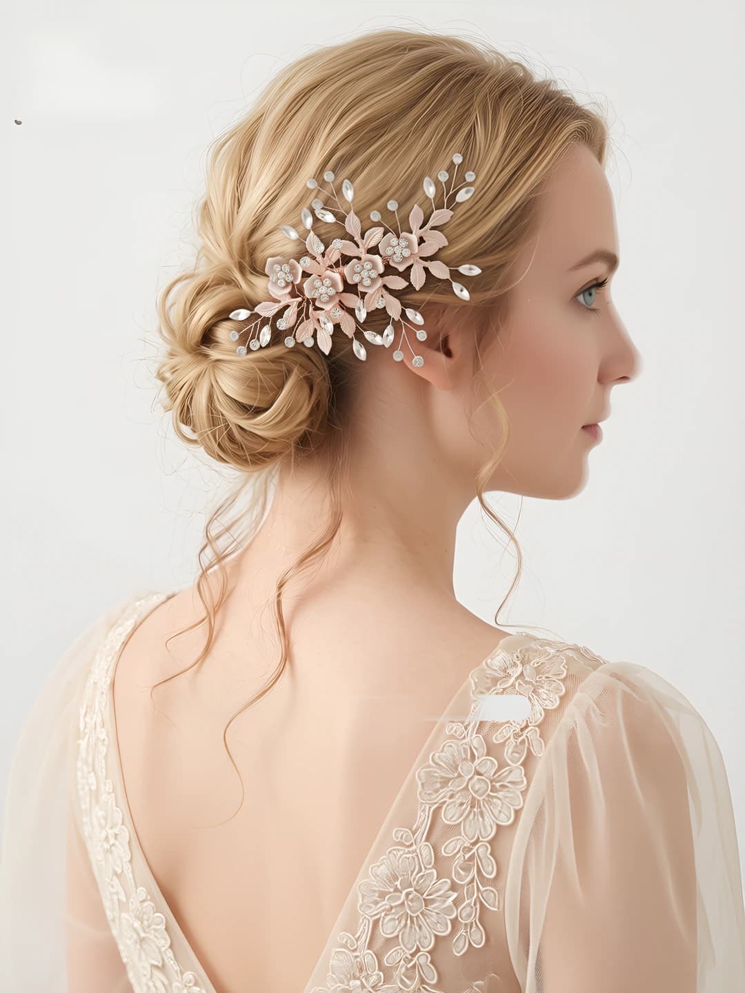Women's floral hair comb with rhinestones and white crystal, handmade, for new Chinese style updo