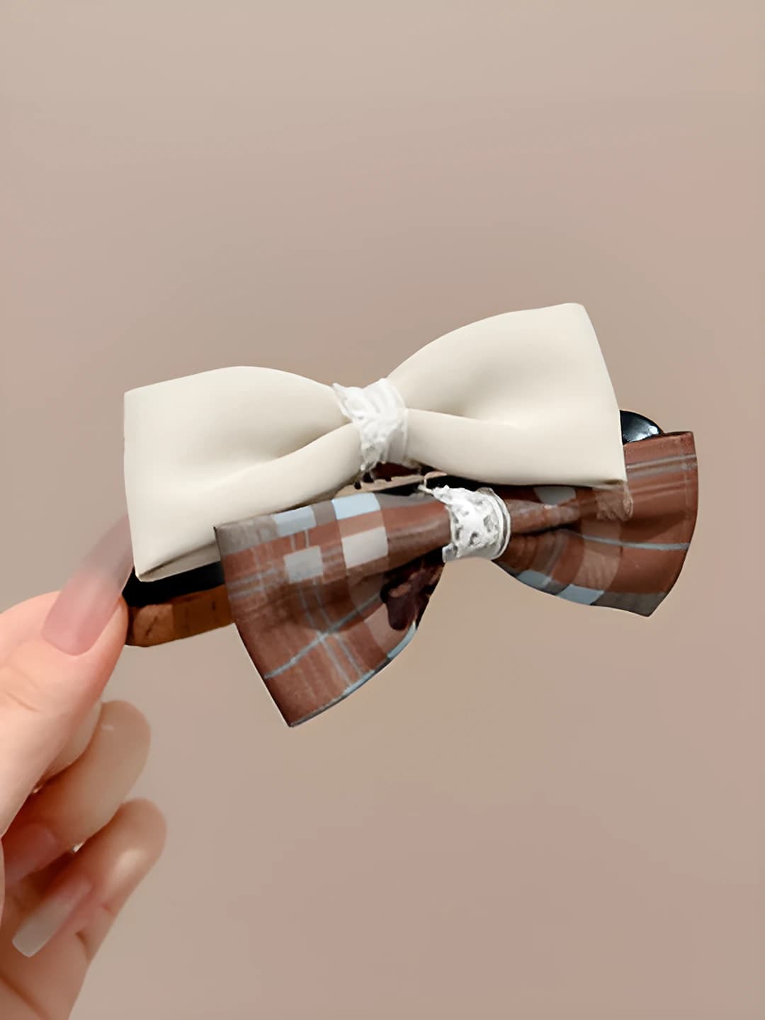 8# Khaki + coffee, double bow, clip (9 cm)