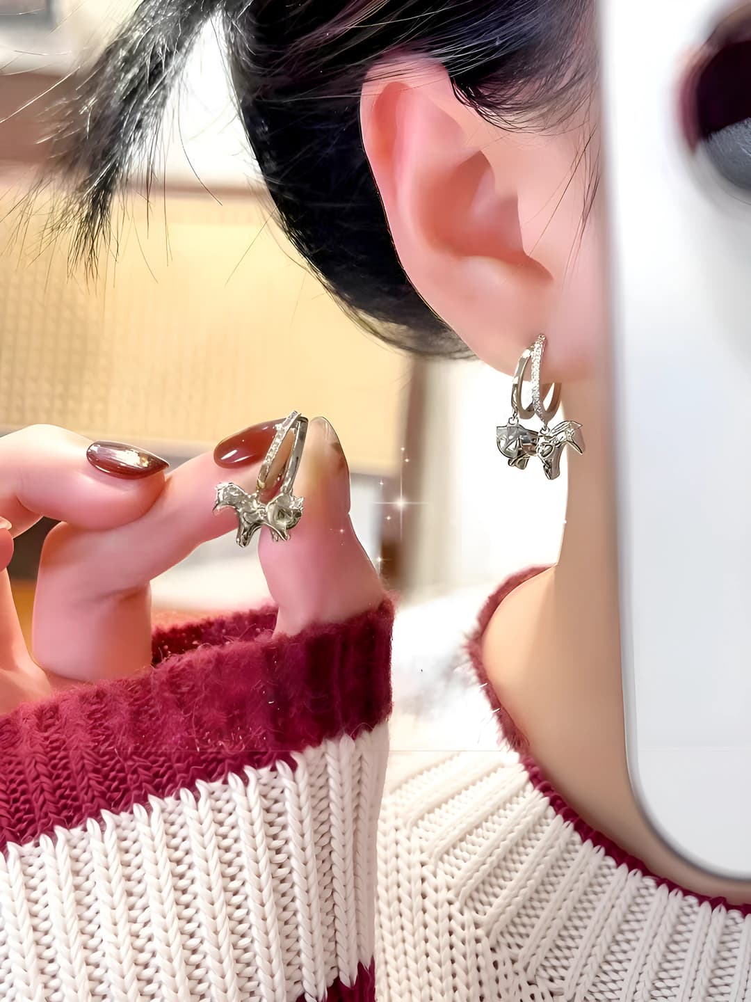 Silver double-layer horse coin earrings