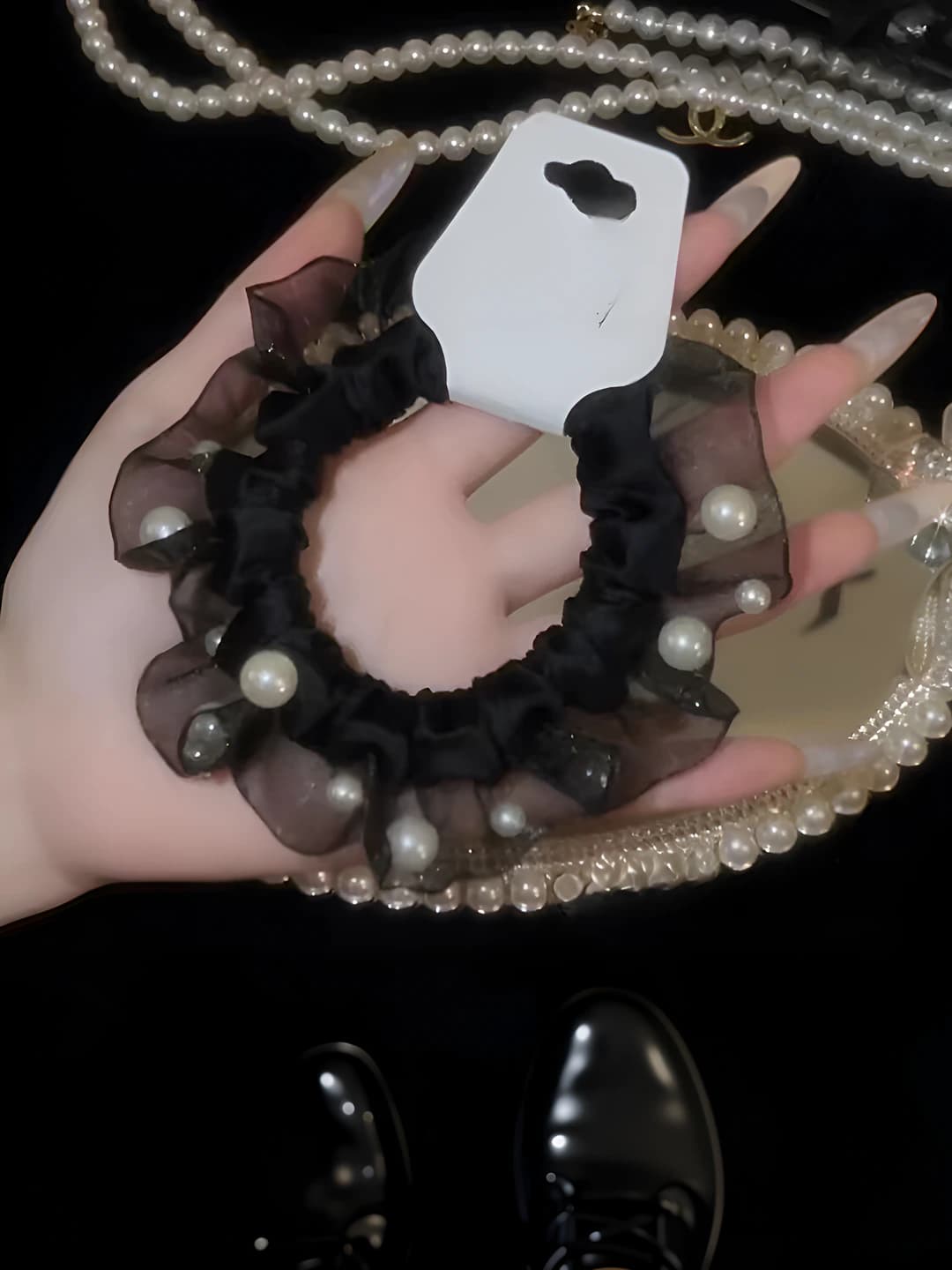 2# Black beaded hair ties