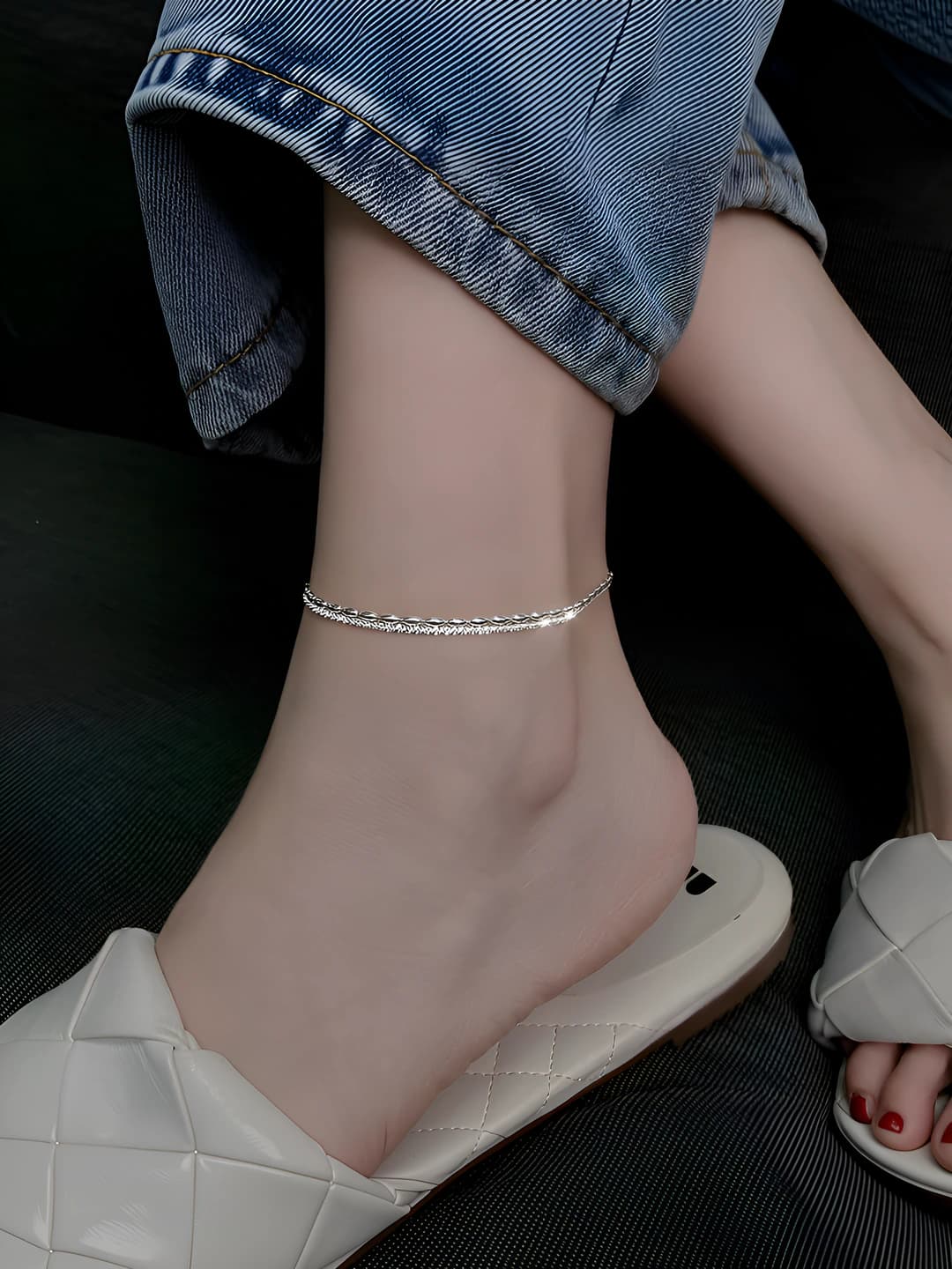 Women's anklets with geometric design, double layer, chain design element, ins style