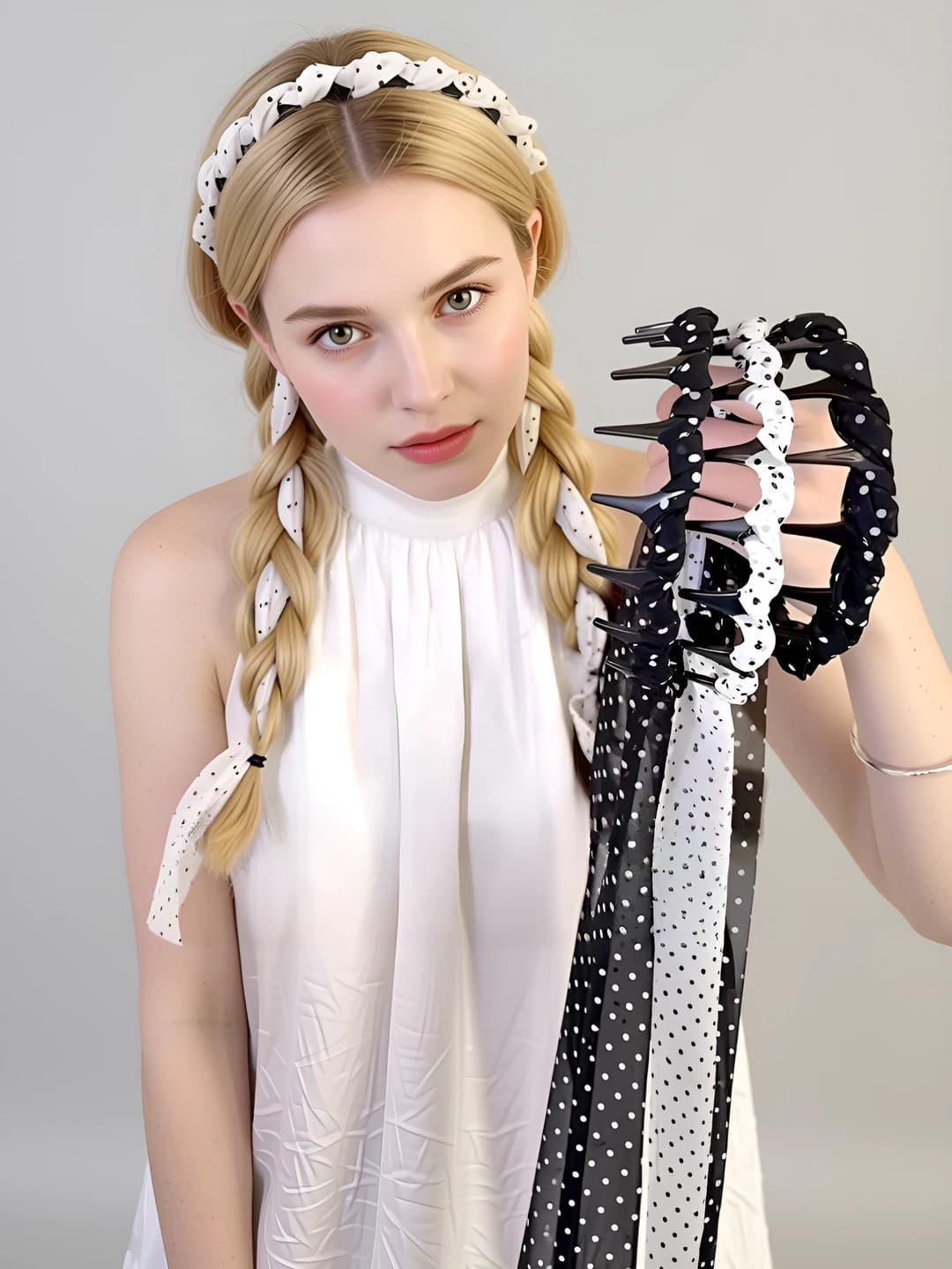 Women's polka dot chiffon headband, cable knit design element, high crown, sweet look
