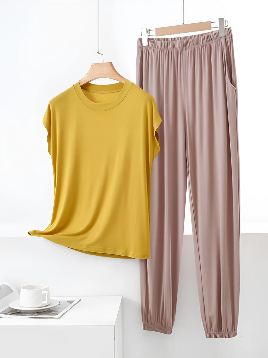 Yellow + light coffee pants