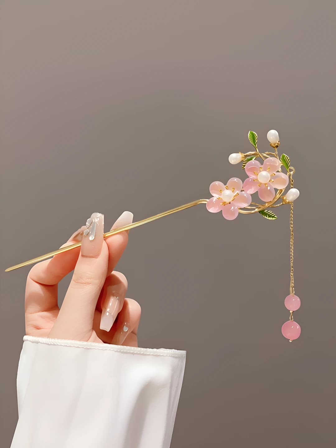20# Pink double flower pink pearl tassel hairpin - Gold (in bag)