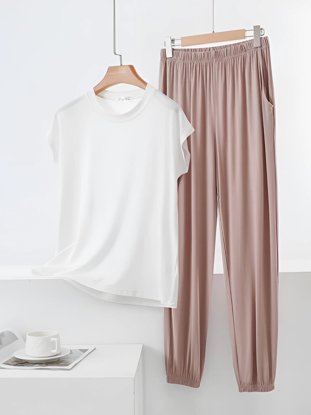 White + light coffee pants