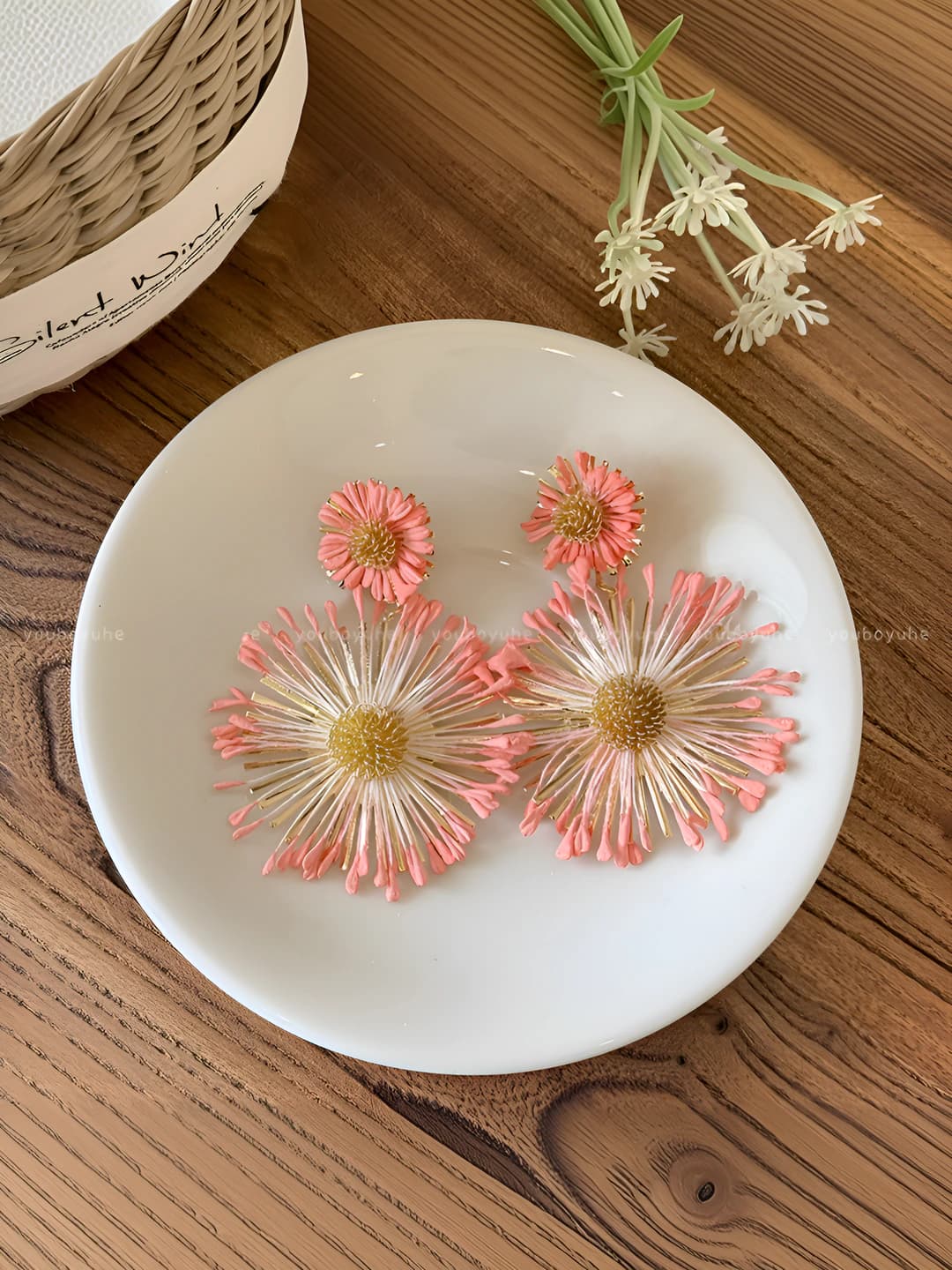 Pink metal sunflower earrings