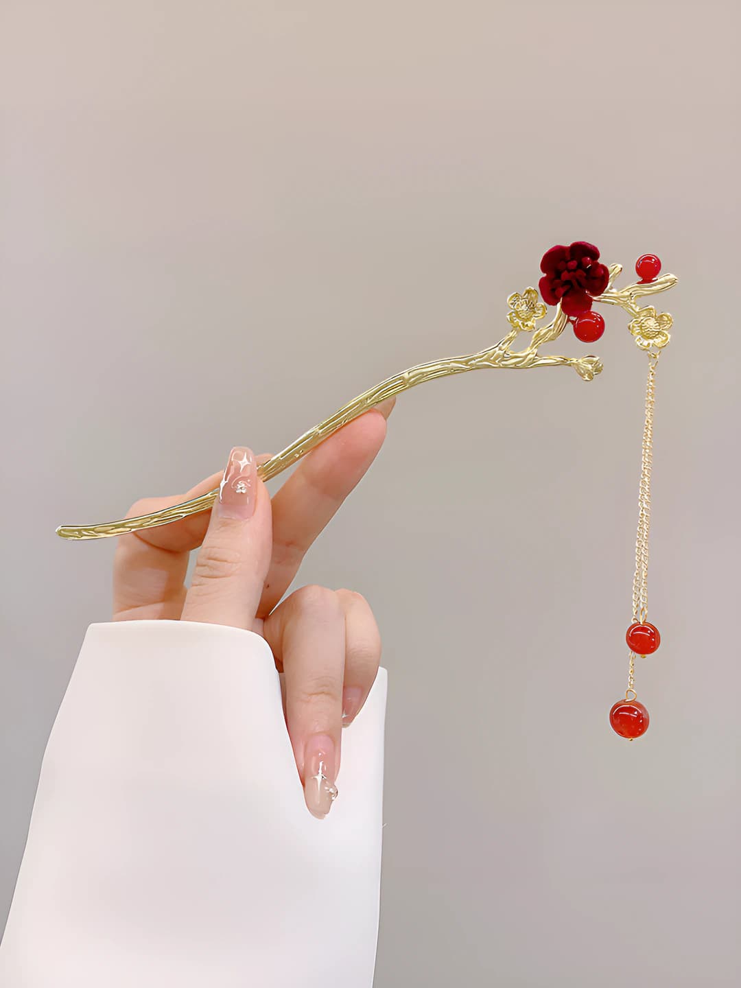 1# Red flower pearl pendant hairpin - Gold (bagged)